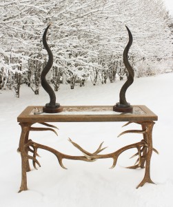 Kudo Horn mounted on marble and wooden base for sale with elk sofa table