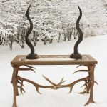 Kudo Horn mounted on marble and wooden base for sale with elk sofa table