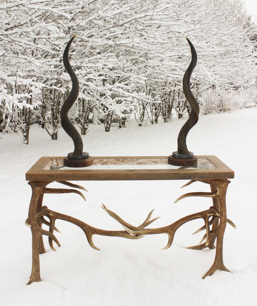 Elk Antler Floor Lamp, Elk Antler Sofa Table, and Kudo Horn Sculptures